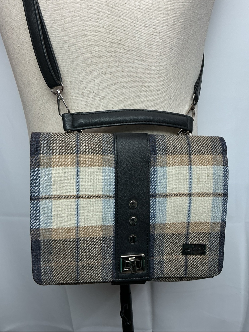 Mucros Weavers Plaid Crossbody Bag with Black Leather Trim and Light Blue Accent